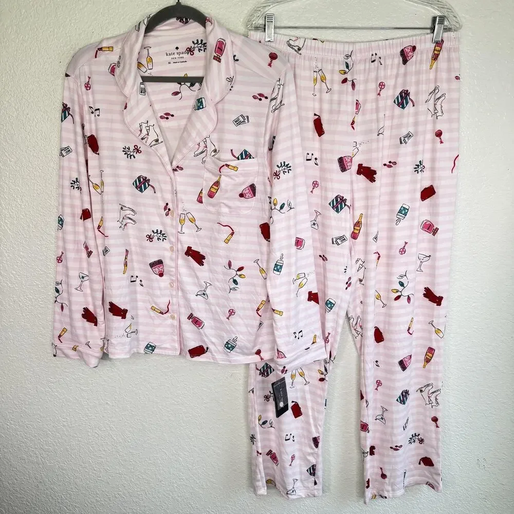 Kate Spade Pajama Set Womens XL Holiday Cocktail Print Winter Christmas Pjs NEW